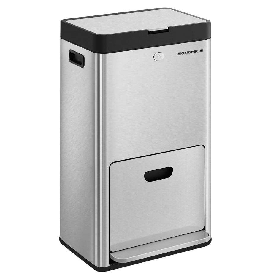 3-Compartment Kitchen Bin – Stainless Steel – Silver – Carbon Filter and Wide Pedal