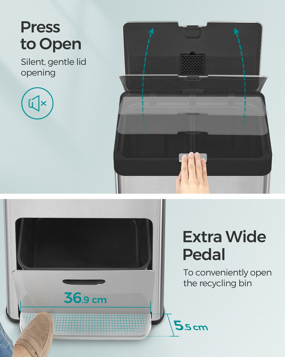 3-Compartment Kitchen Bin – Stainless Steel – Silver – Carbon Filter and Wide Pedal