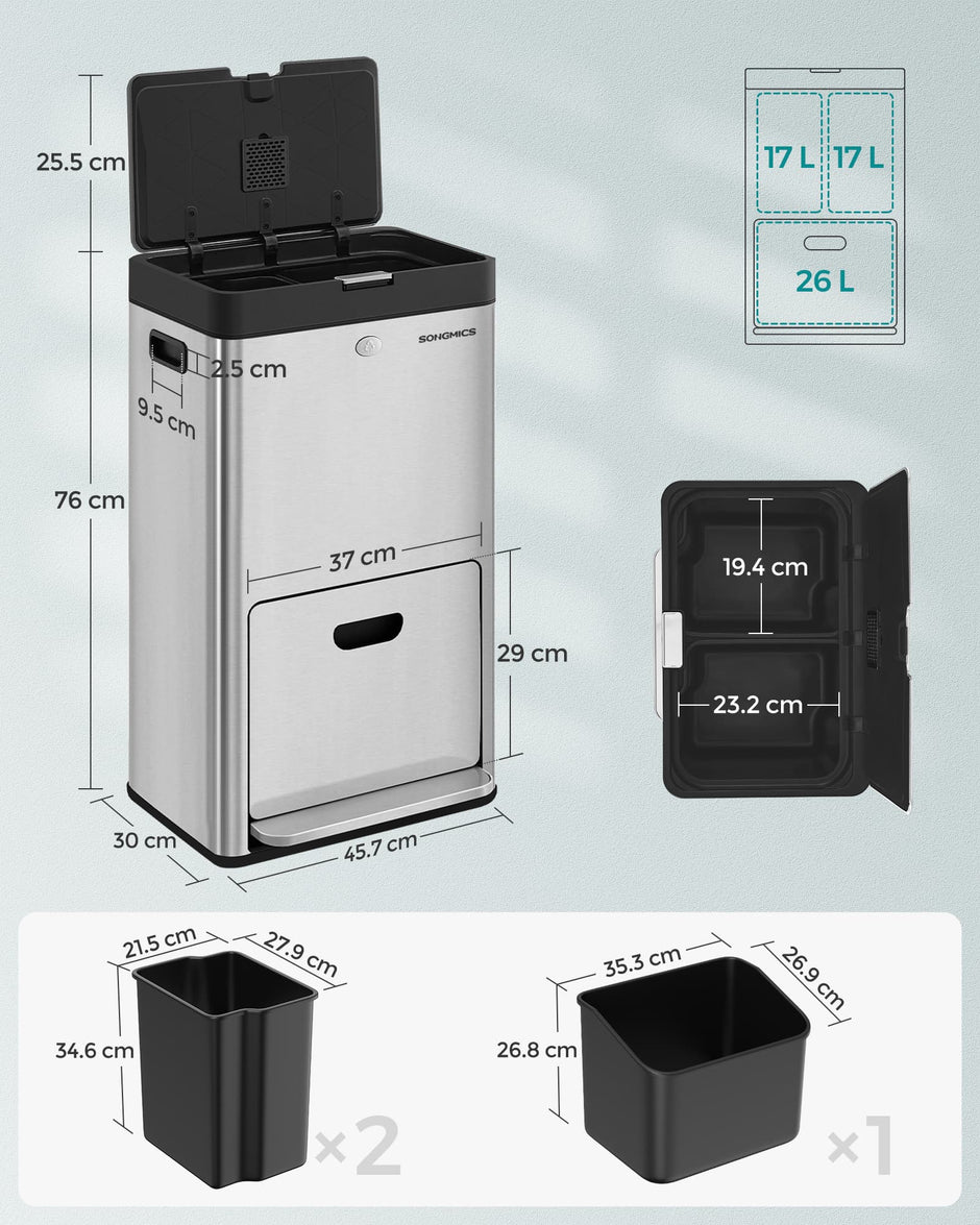3-Compartment Kitchen Bin – Stainless Steel – Silver – Carbon Filter and Wide Pedal