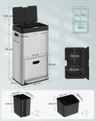 3-Compartment Kitchen Bin – Stainless Steel – Silver – Carbon Filter and Wide Pedal