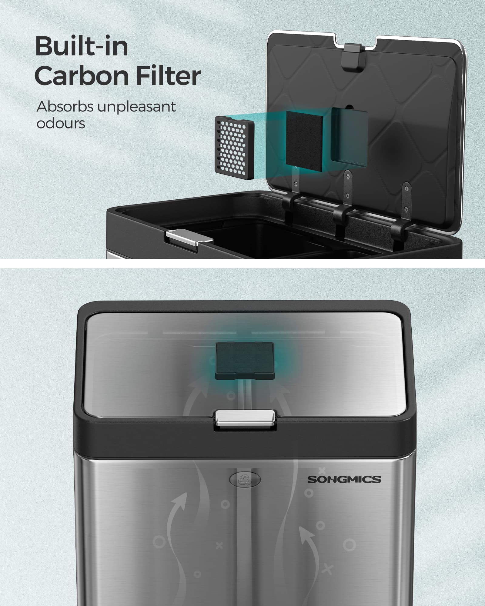 3-Compartment Kitchen Bin – Stainless Steel – Silver – Carbon Filter and Wide Pedal