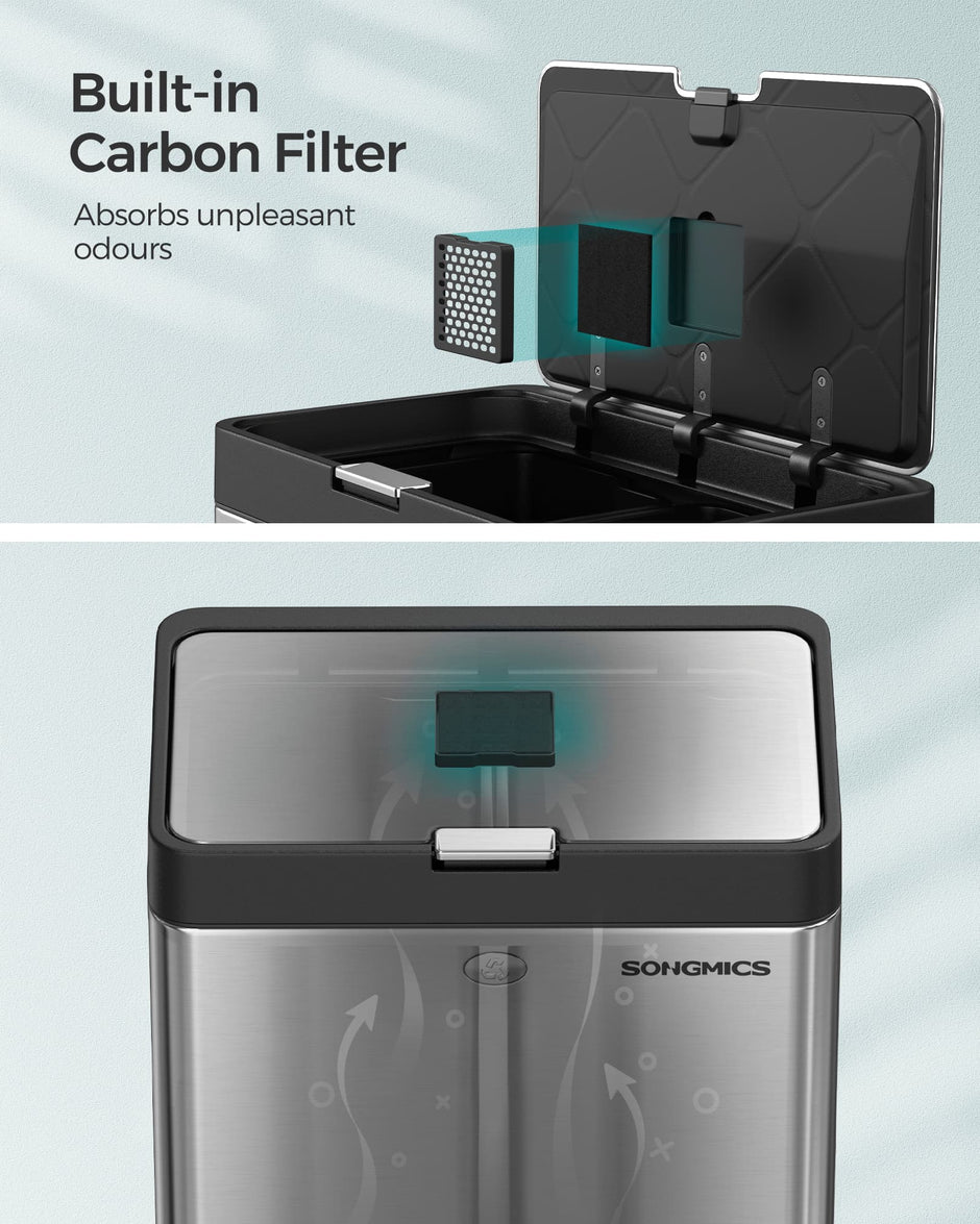3-Compartment Kitchen Bin – Stainless Steel – Silver – Carbon Filter and Wide Pedal