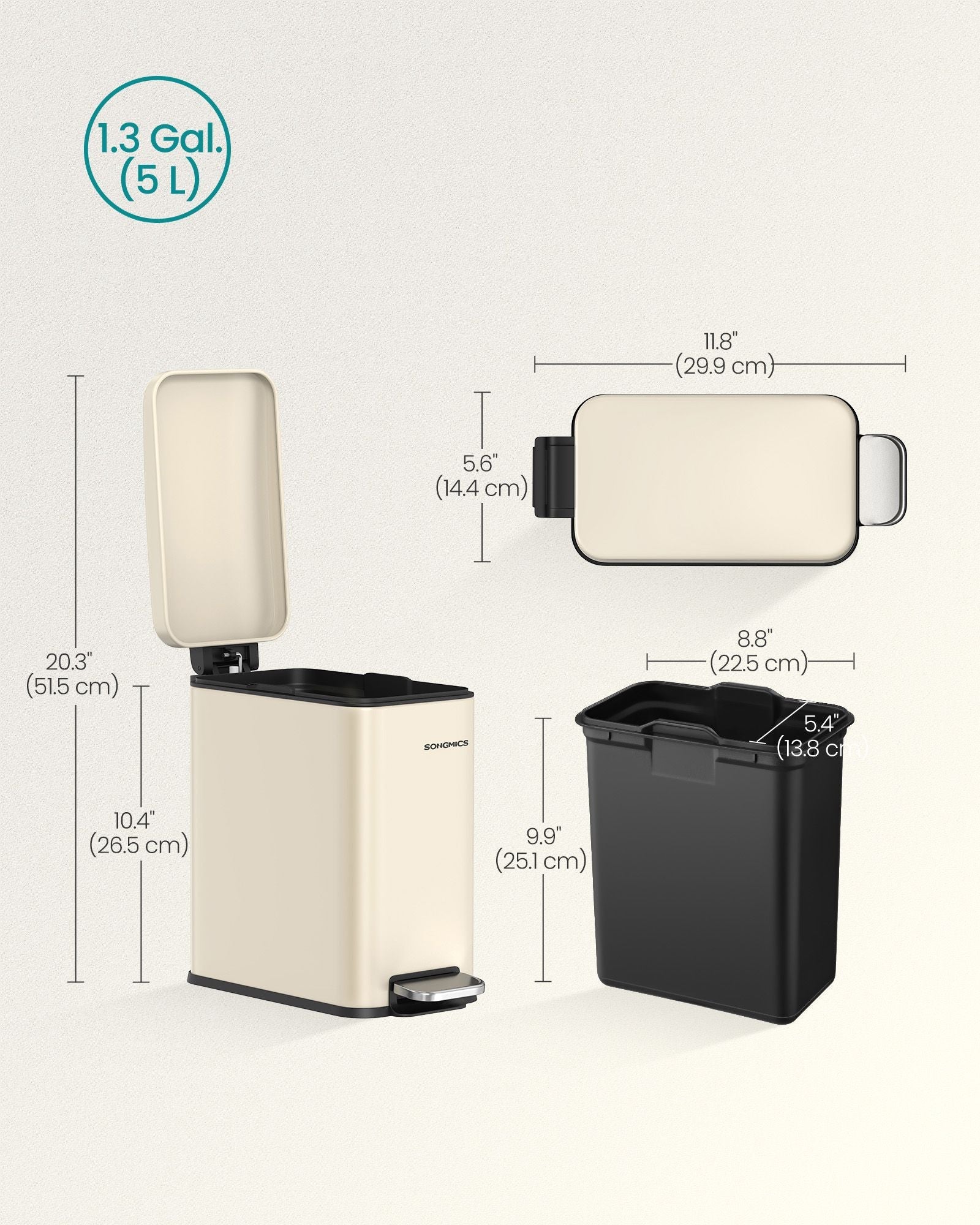 Bathroom Pedal Bin – Steel – Sand Beige – Soft Close, 5L Capacity for Small Spaces