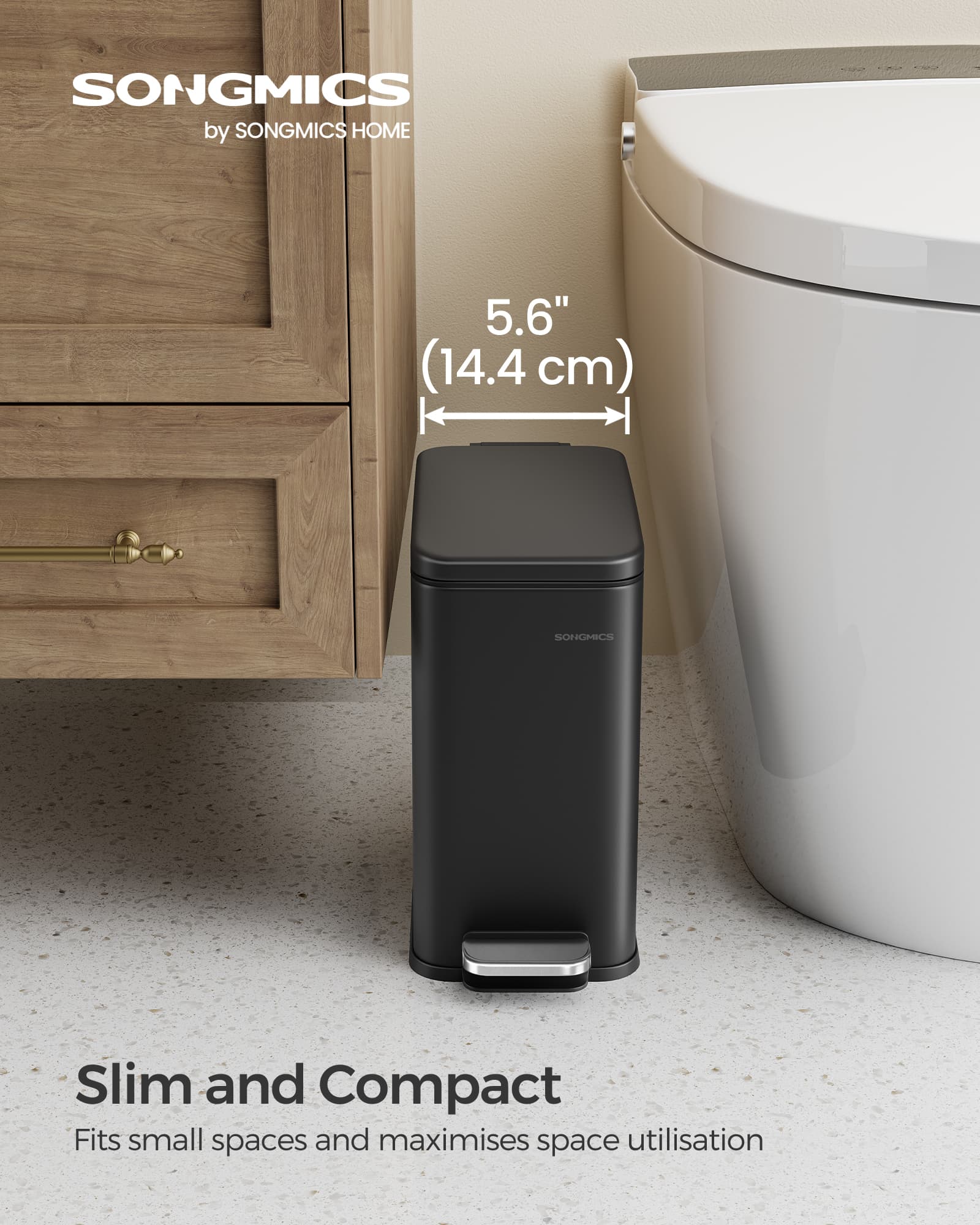 Bathroom Bin – Steel – Black – Slim Design with Soft Close Lid and Pedal Mechanism