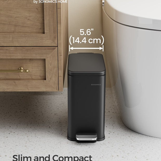 Bathroom Bin – Steel – Black – Slim Design with Soft Close Lid and Pedal Mechanism
