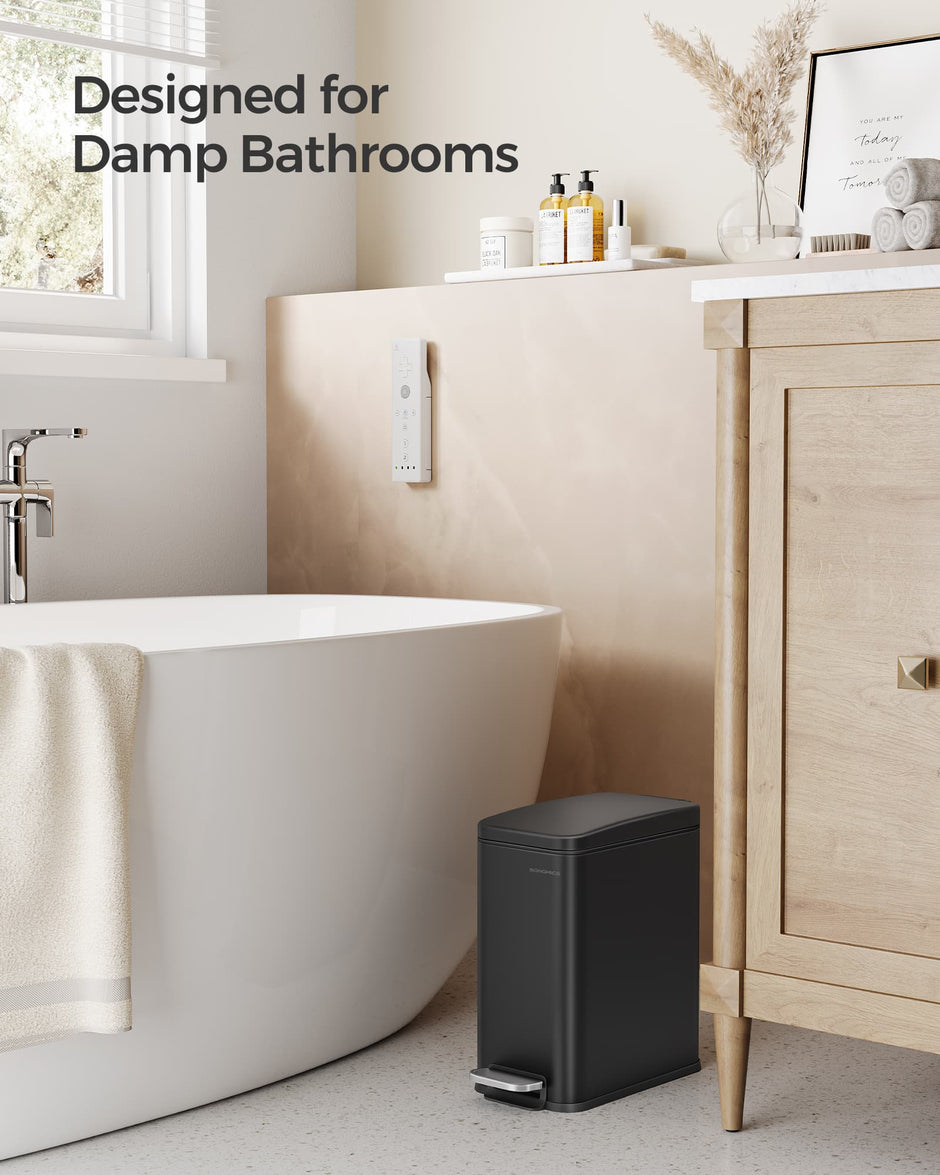 Bathroom Bin – Steel – Black – Slim Design with Soft Close Lid and Pedal Mechanism
