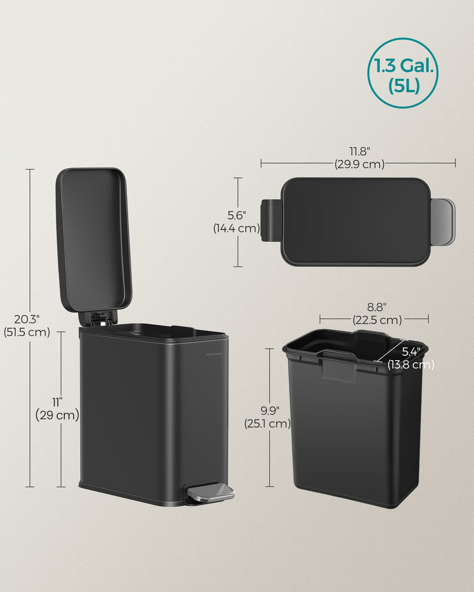 Bathroom Bin – Steel – Black – Slim Design with Soft Close Lid and Pedal Mechanism