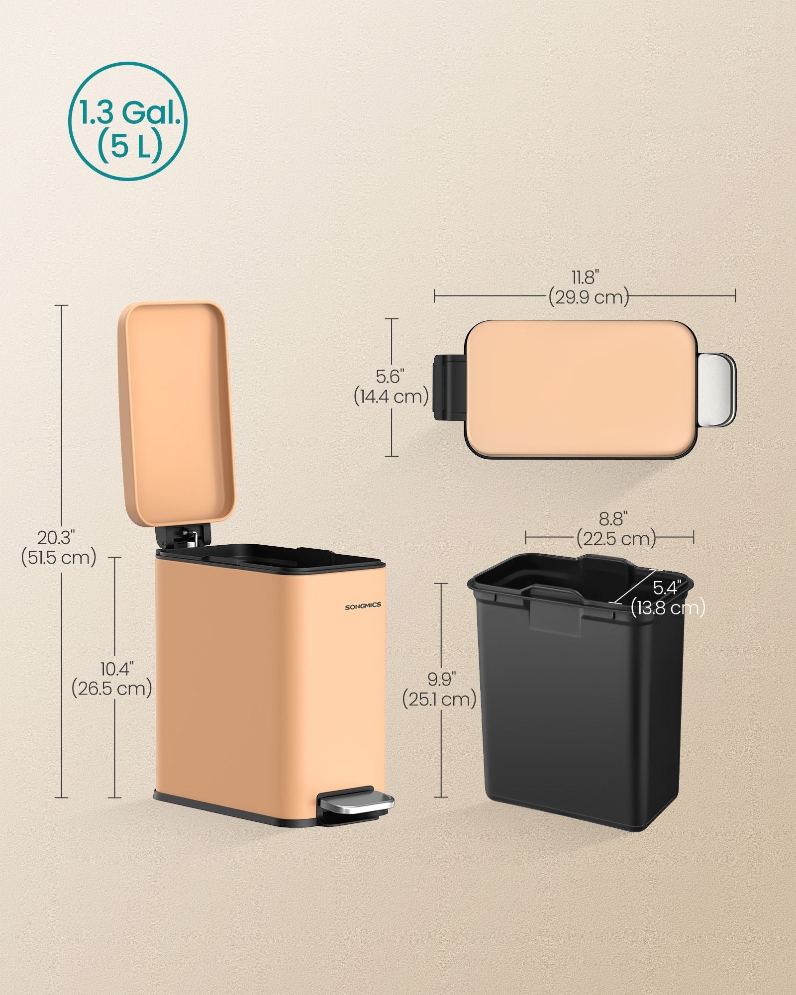 Small Bathroom Bin – Steel – Peach Fuzz – Soft Close Pedal 5L