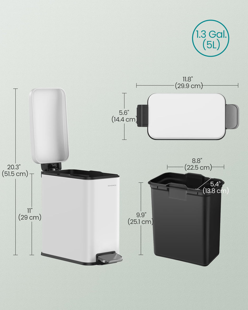 Small Pedal Bin – Steel – White – Soft Close Lid, 5L Capacity