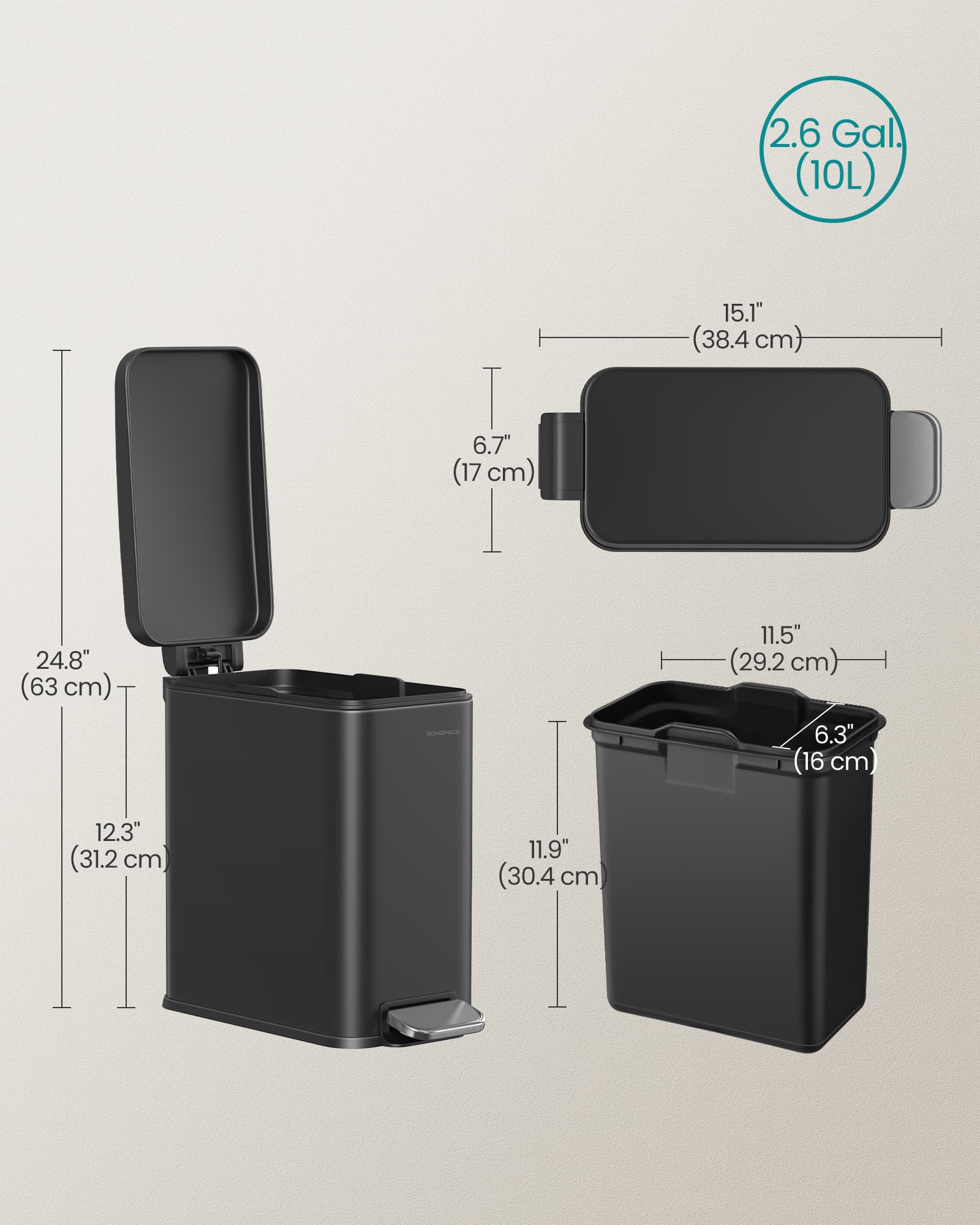 10L Steel Bathroom Bin – Soft Close – Slim Design for Small Spaces
