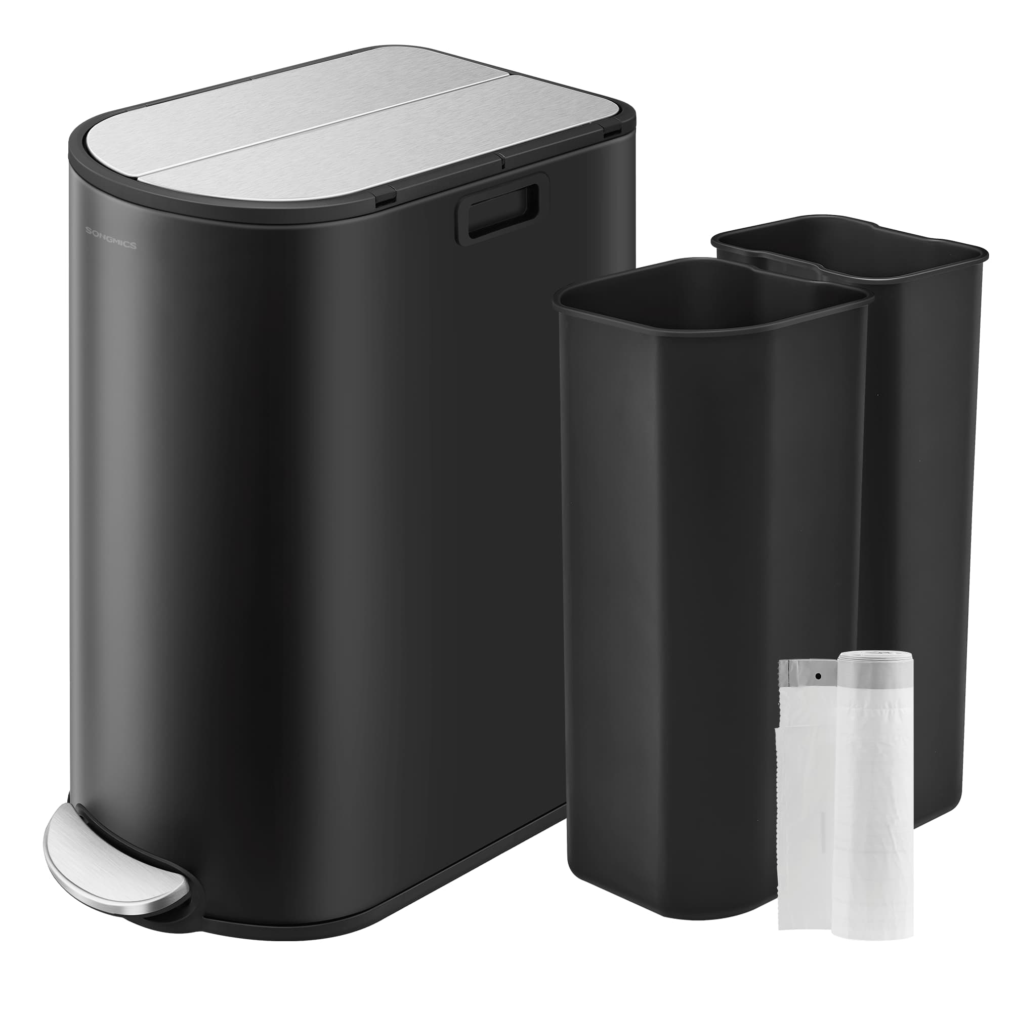Double Kitchen Bin – Metal – Ink Black and Metallic Silver – Dual Compartment for Recycling and Waste