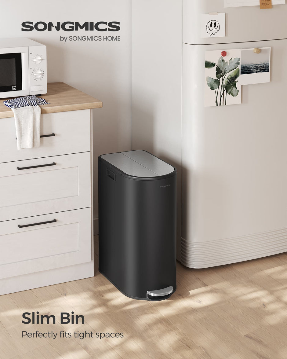 Dual Compartment Recycling Bin – Plastic – Slim Design – Pedal Operation with Wing Lids