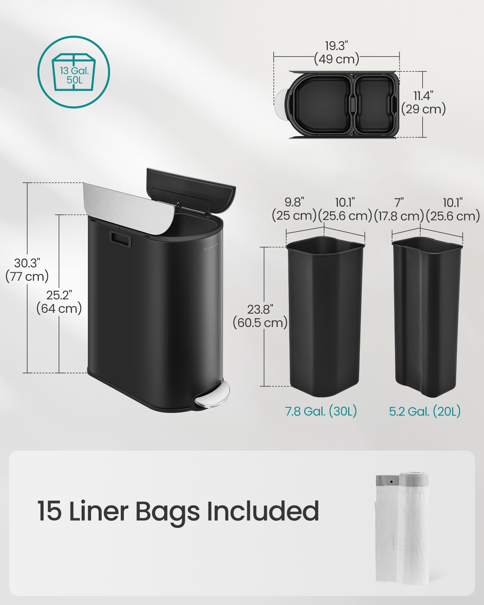 Double Kitchen Bin – Metal – Ink Black and Metallic Silver – Dual Compartment for Recycling and Waste