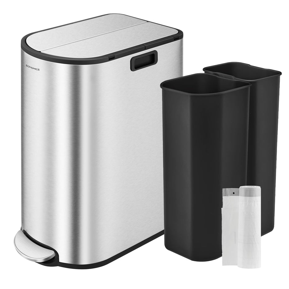 Double Kitchen Bin – Metallic Silver – Dual Compartment – Pedal with Wing Lids