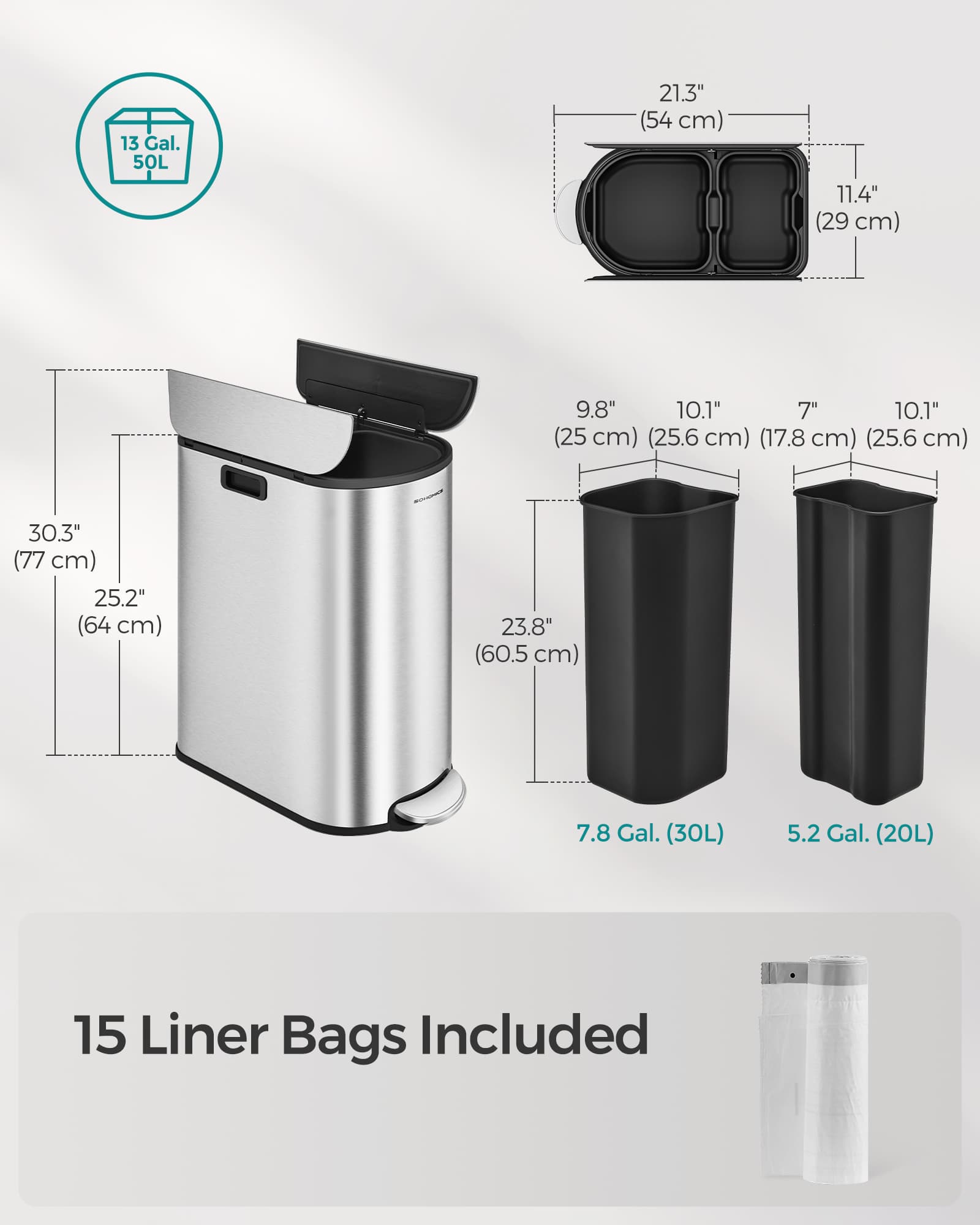 Double Kitchen Bin – Metallic Silver – Dual Compartment – Pedal with Wing Lids