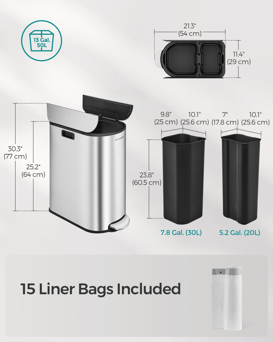 Double Kitchen Bin – Metallic Silver – Dual Compartment – Pedal with Wing Lids