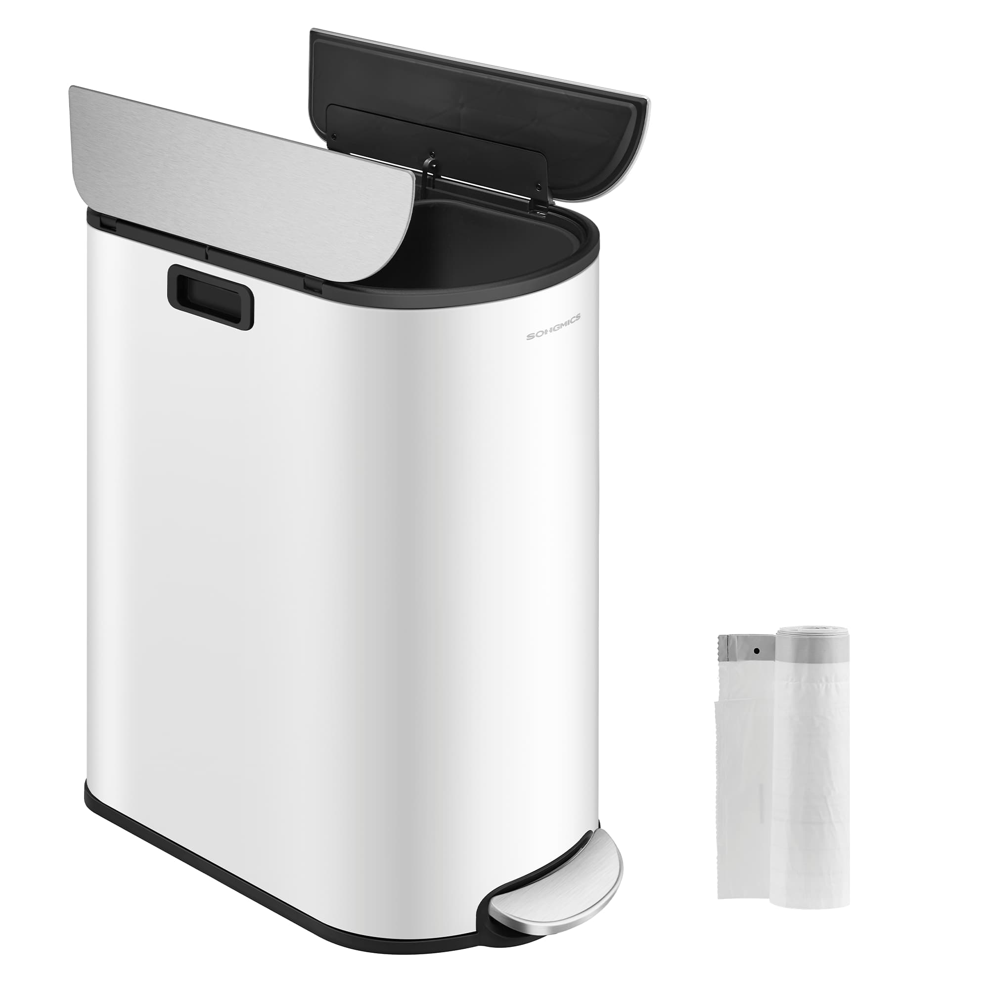 Double Kitchen Bin – Metal – Cloud White and Metallic Silver – Dual Compartment with Pedal and Wing Lids