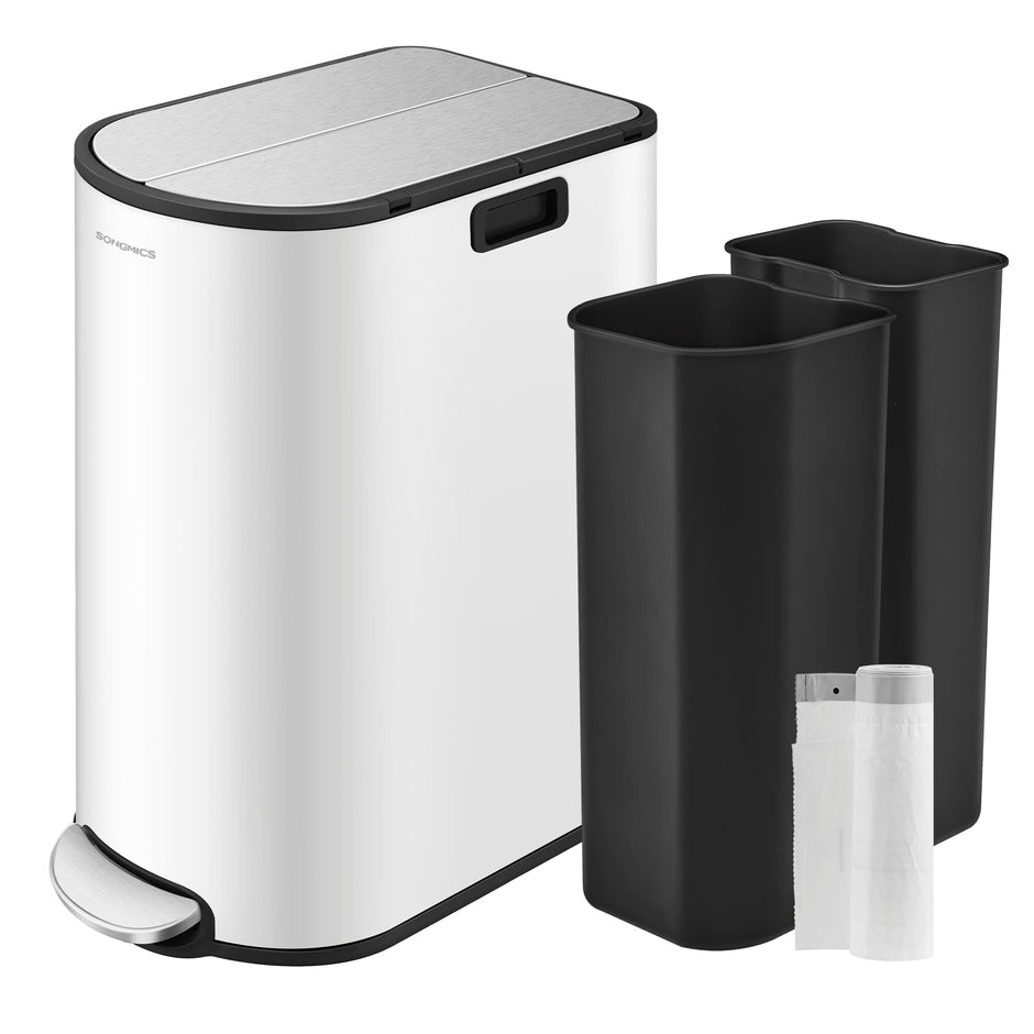 Double Kitchen Bin – Metal – Cloud White and Metallic Silver – Dual Compartment with Pedal and Wing Lids