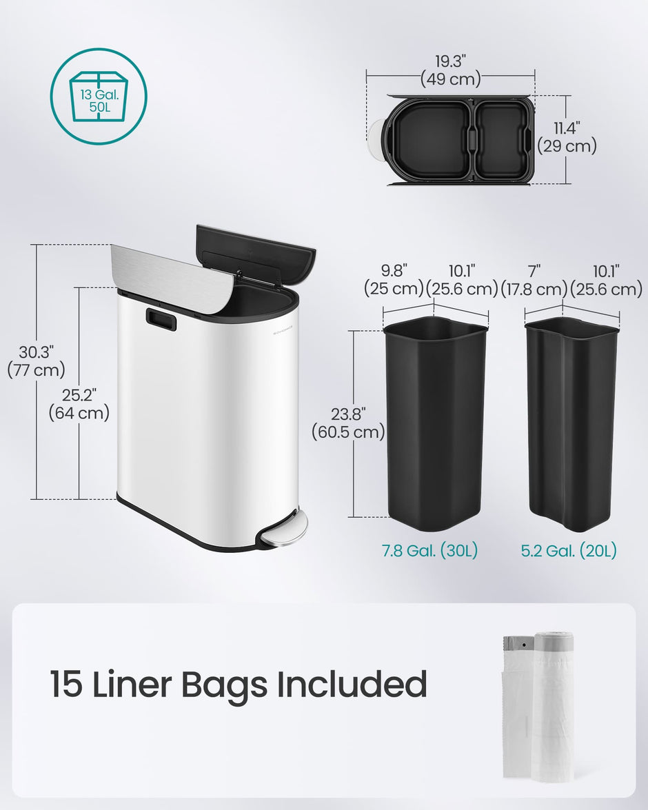 Double Kitchen Bin – Metal – Cloud White and Metallic Silver – Dual Compartment with Pedal and Wing Lids