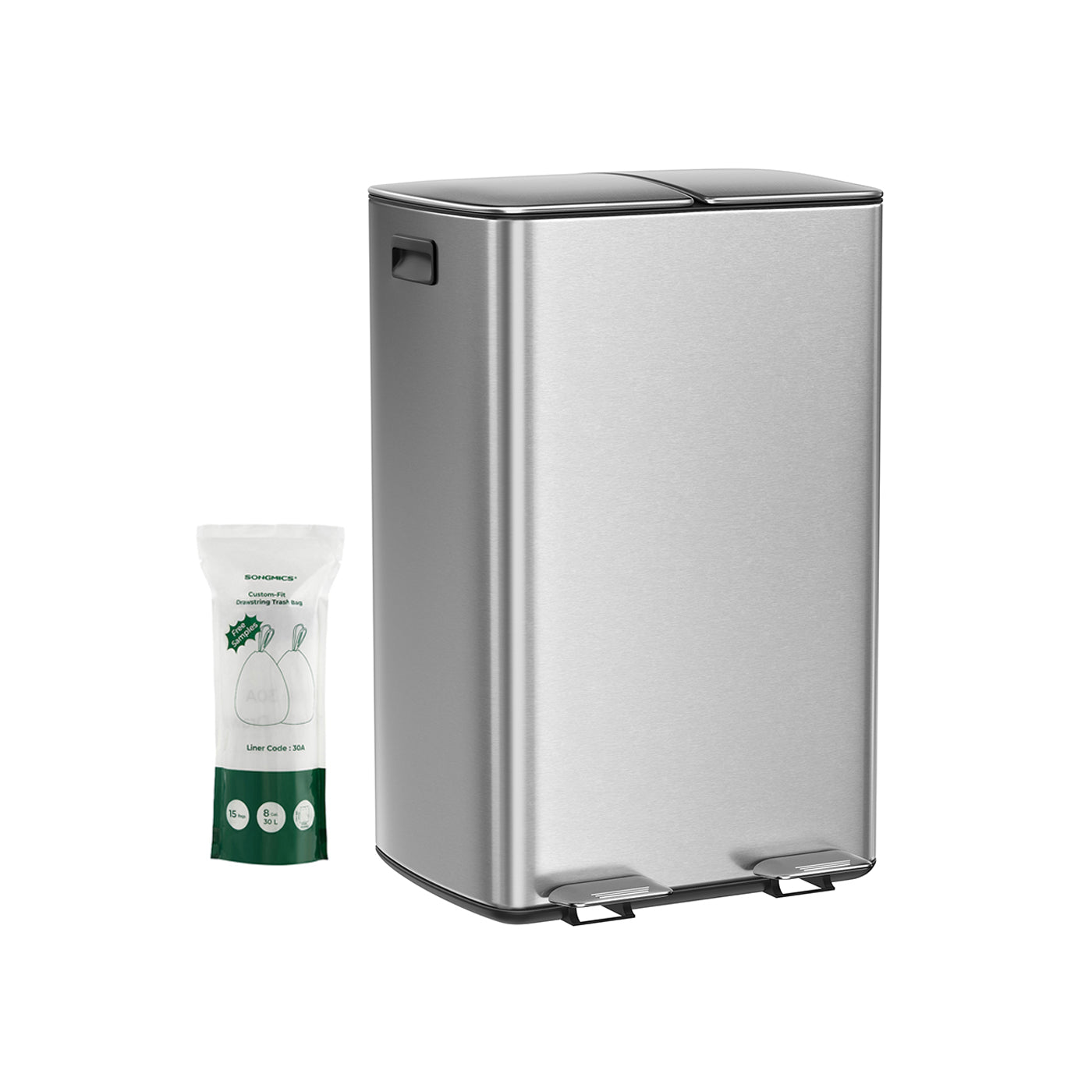 Stainless Steel Recycling and Waste Bin Set – Silver – 2 x 30L with Pedal