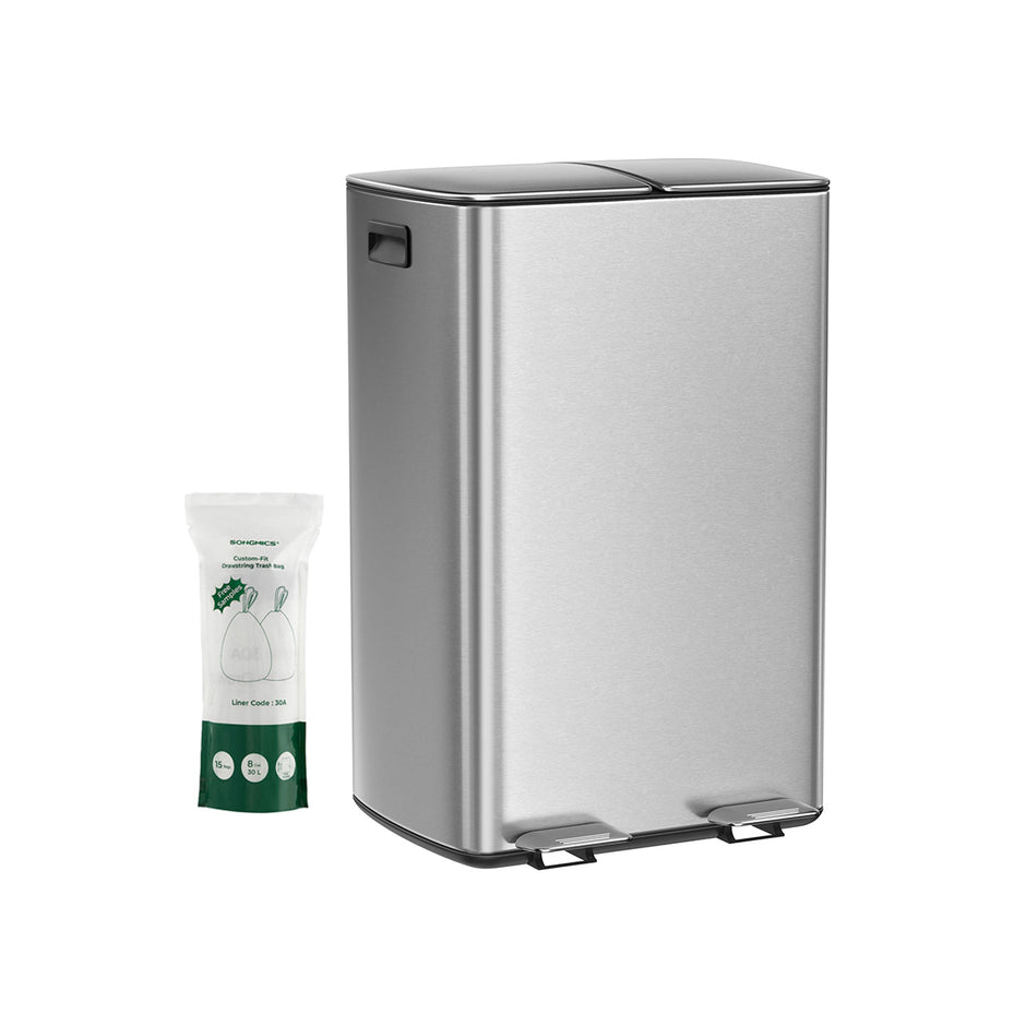 Stainless Steel Recycling and Waste Bin Set – Silver – 2 x 30L with Pedal