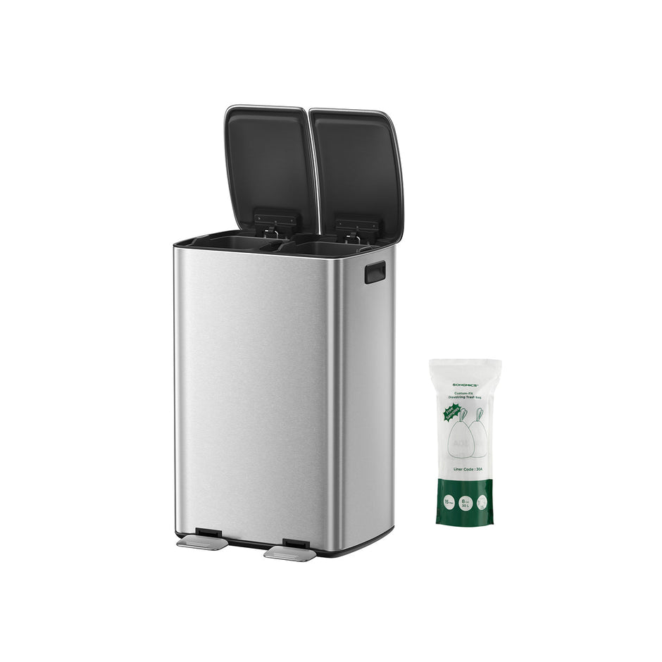 Stainless Steel Recycling and Waste Bin Set – Silver – 2 x 30L with Pedal