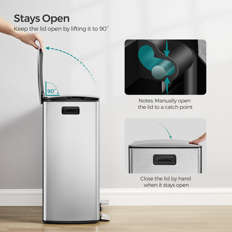 Stainless Steel Recycling and Waste Bin Set – Silver – 2 x 30L with Pedal