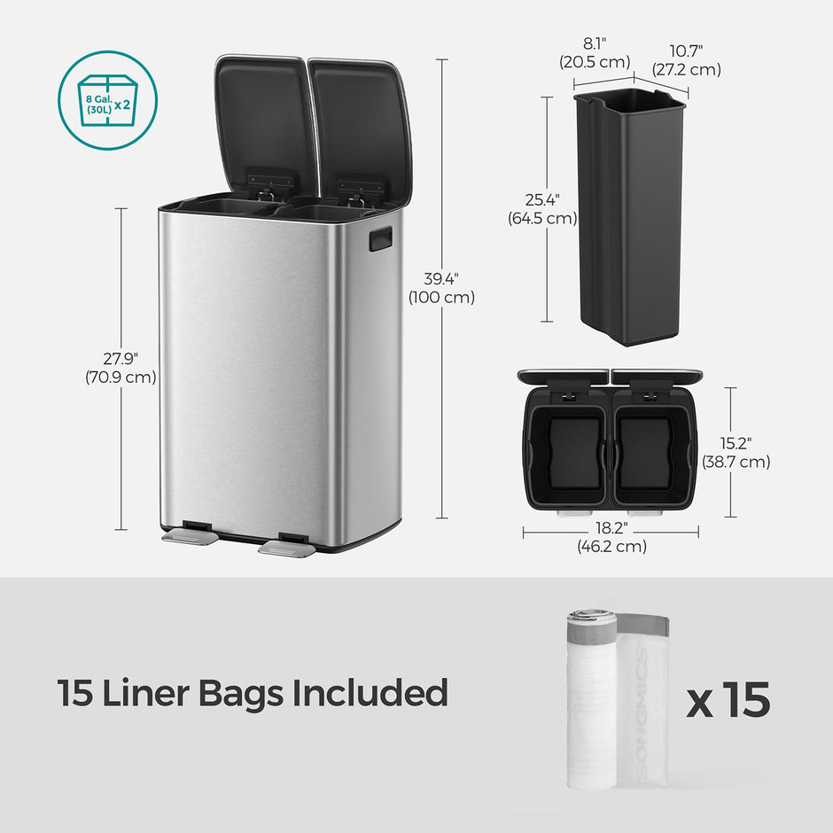 Stainless Steel Recycling and Waste Bin Set – Silver – 2 x 30L with Pedal