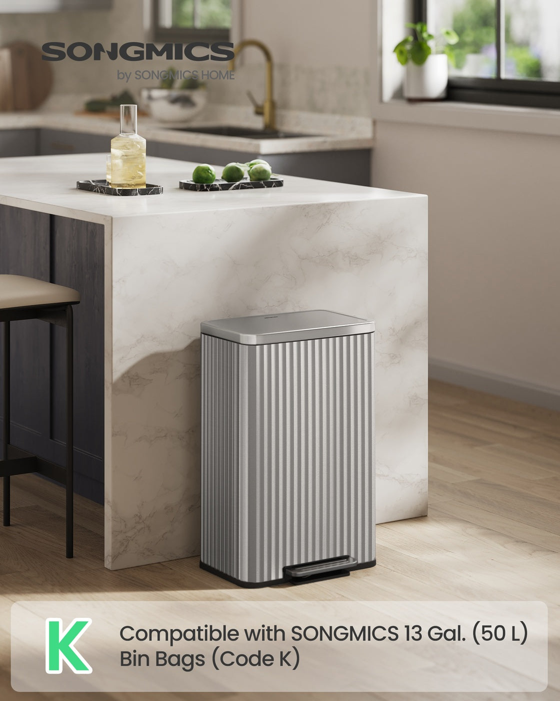 Kitchen Trash Can - 50L - Steel - Soft-Close Lid - Pedal Bin, Removable Inner Bucket