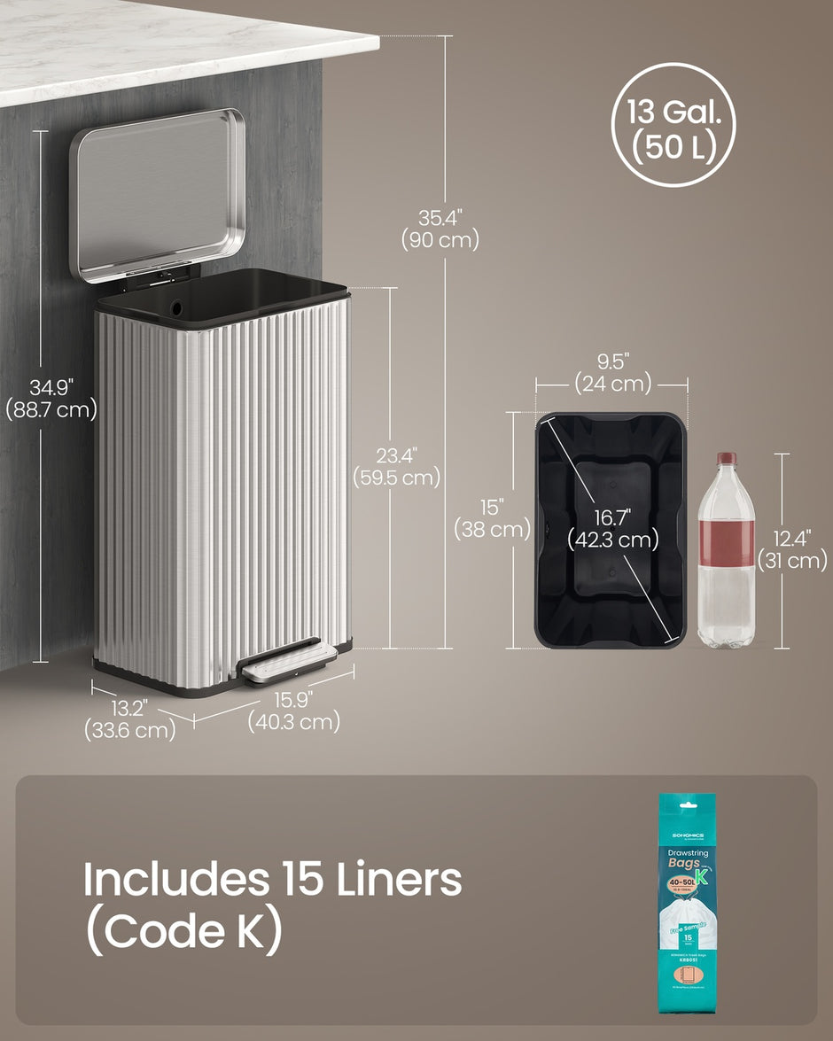 Kitchen Trash Can - 50L - Steel - Soft-Close Lid - Pedal Bin, Removable Inner Bucket
