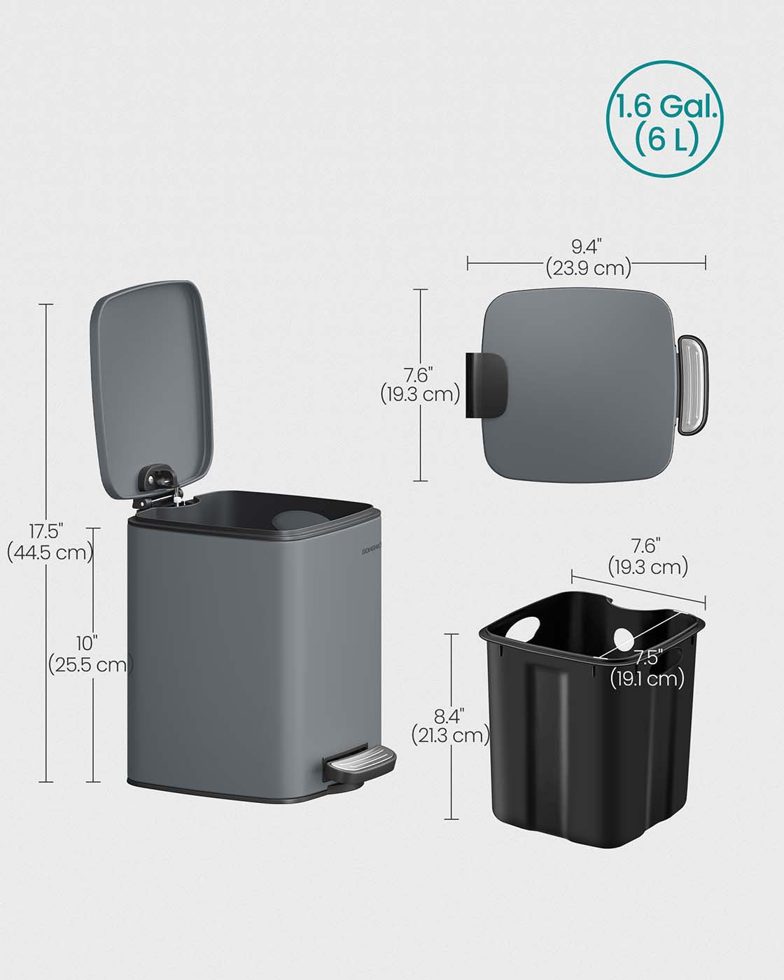 Pedal Toilet Bin – Steel – Slate Grey – 6L Capacity with Soft-Close Lid