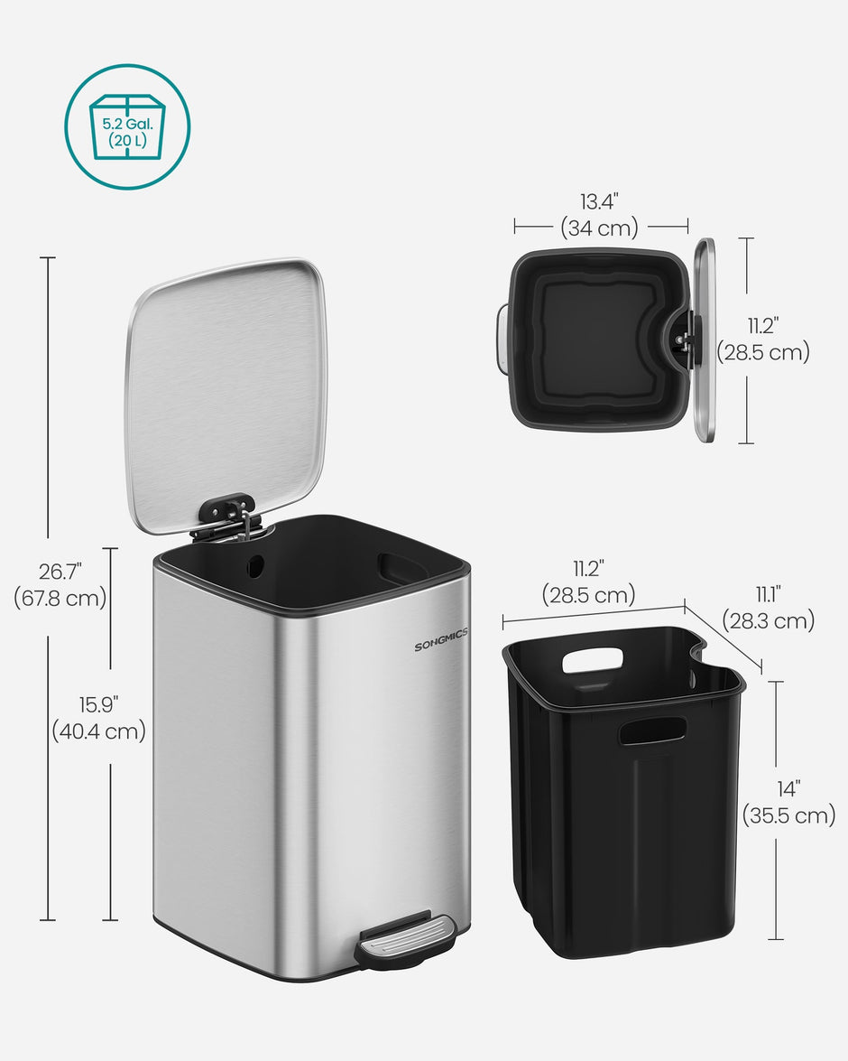 Kitchen Bin – Steel – Metallic Silver – 20 L with Inner Bucket