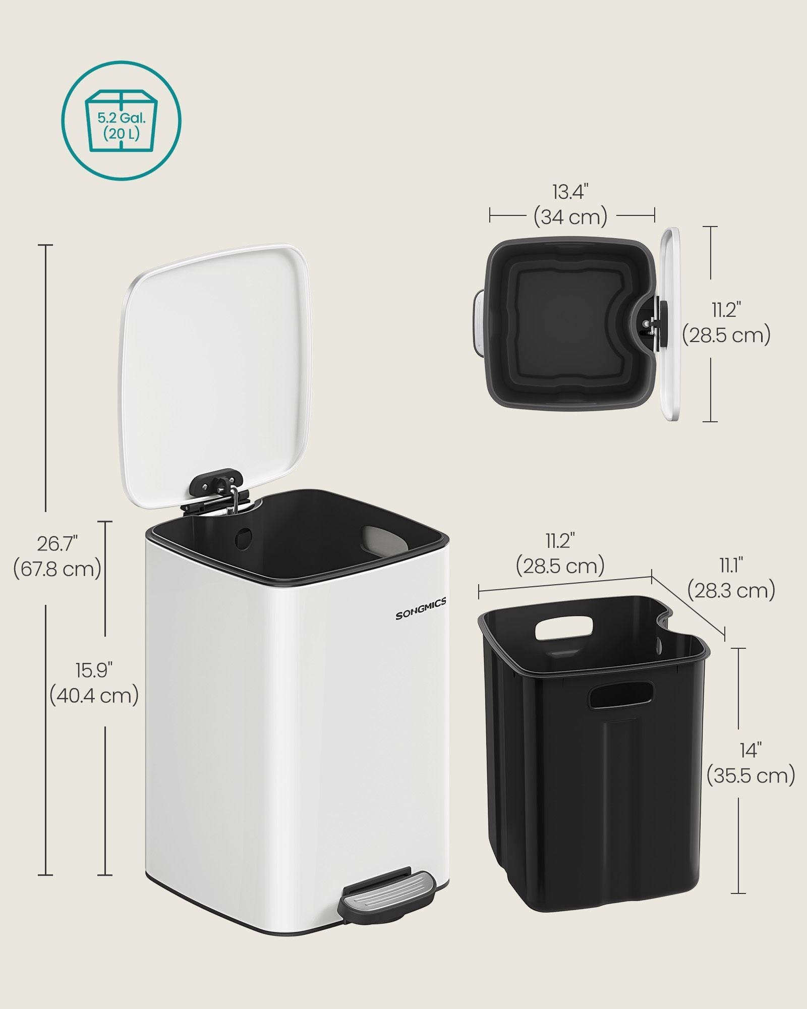 Pedal Bin – Steel – Cloud White – 20L with Inner Bucket
