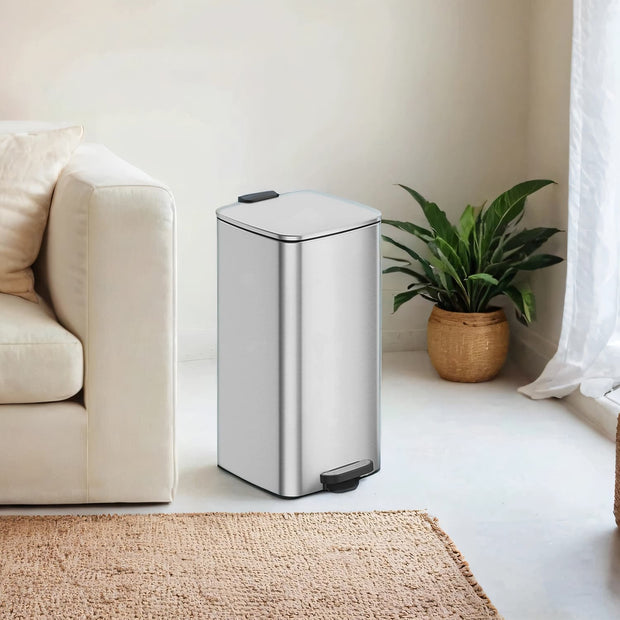 Stainless Steel Trash Can – 8 Gallons – Metallic Silver – Kitchen Garbage Bin