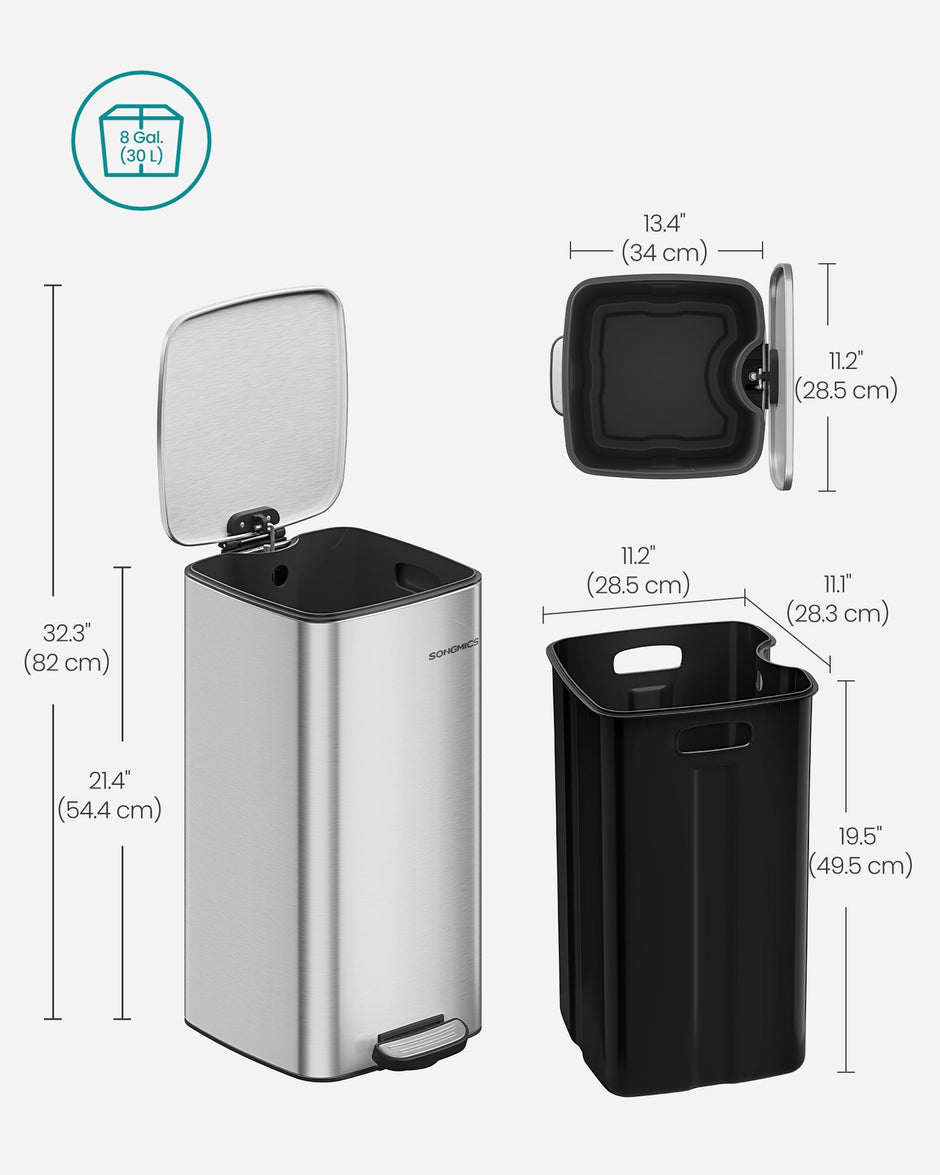 Kitchen Bin – Steel – Metallic Silver – 30 L Capacity with Inner Bucket