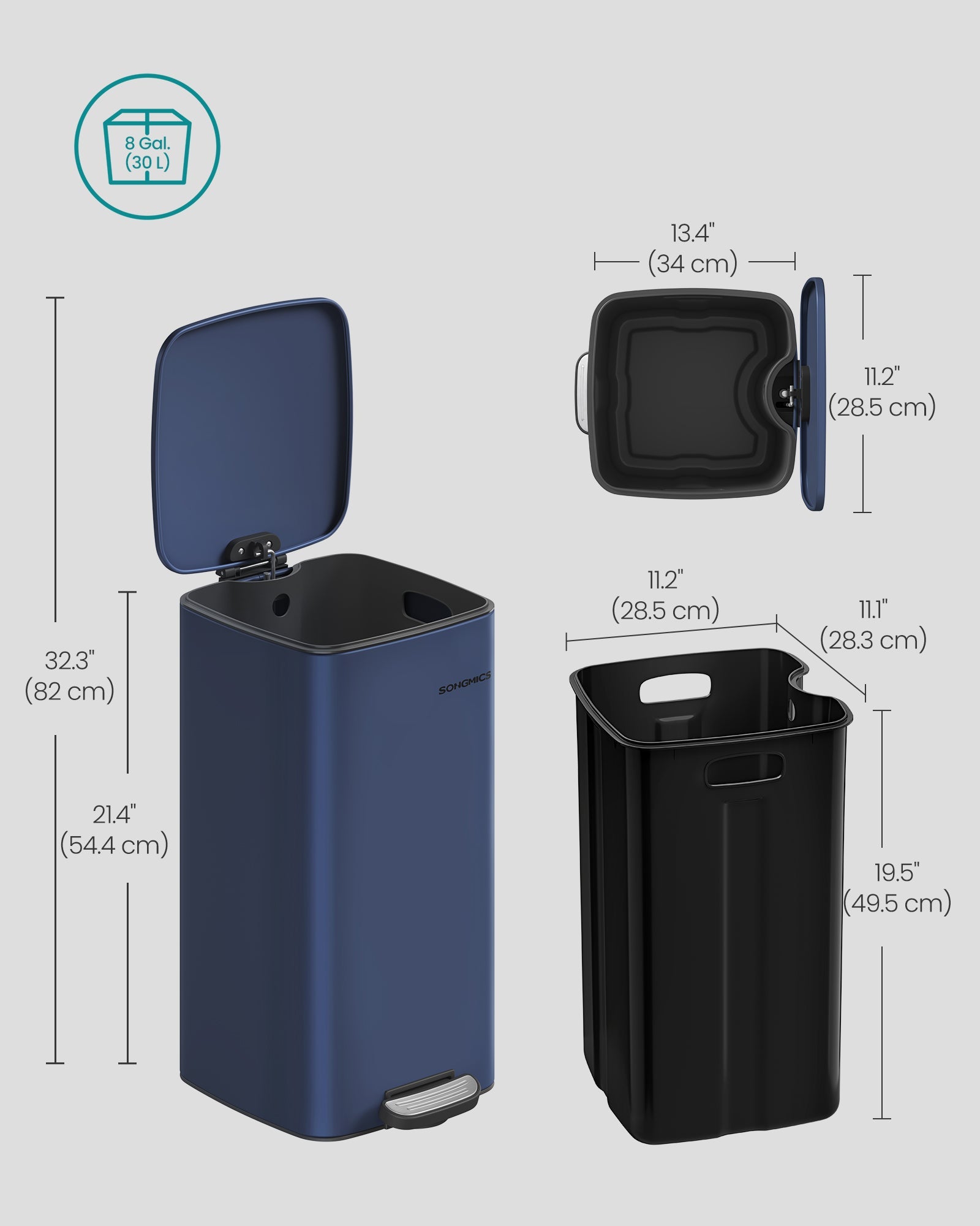 Kitchen Bin – Steel – Midnight Blue – 30L with Inner Bucket