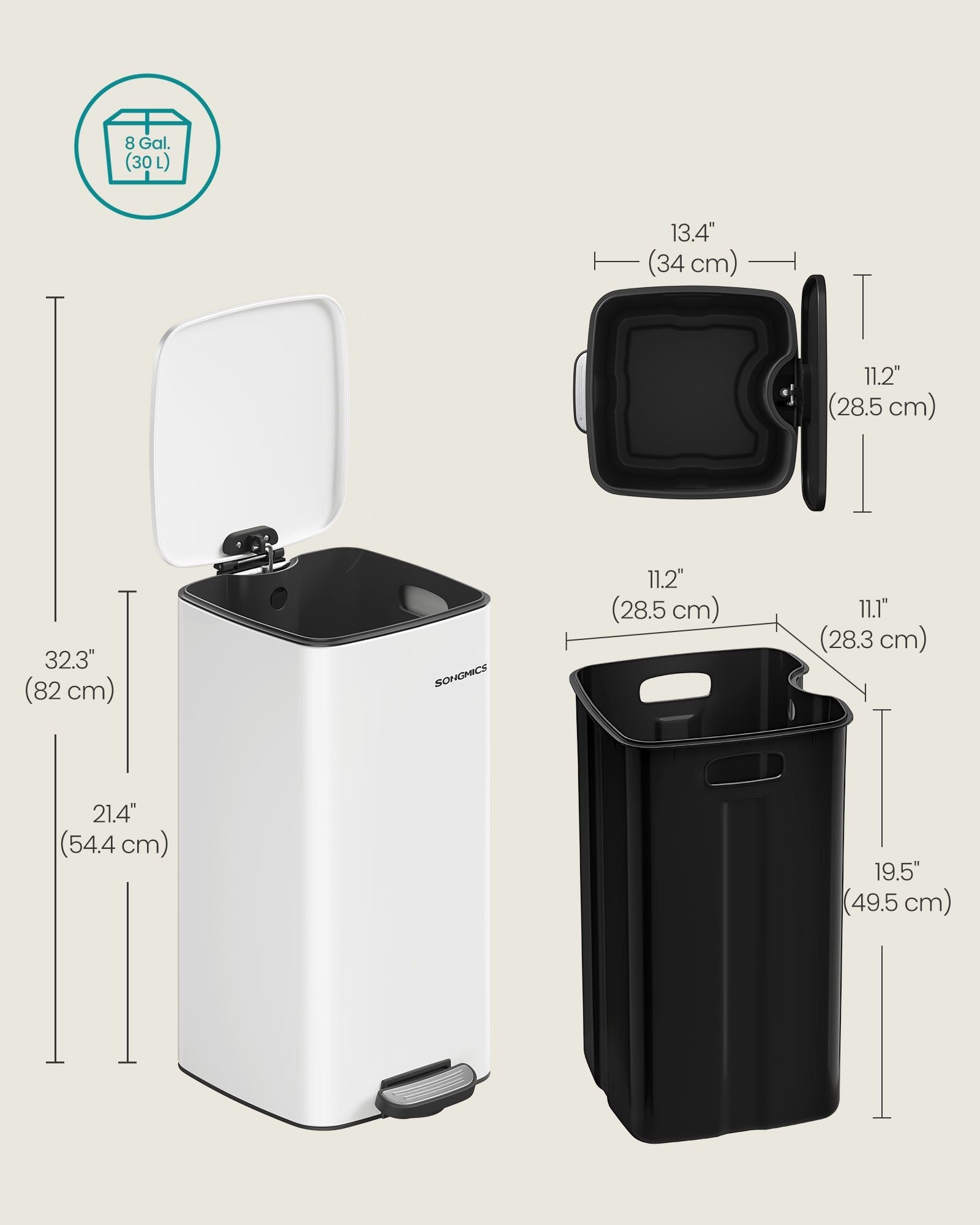 Kitchen Bin – Steel – Cloud White – 30 L with Inner Bucket