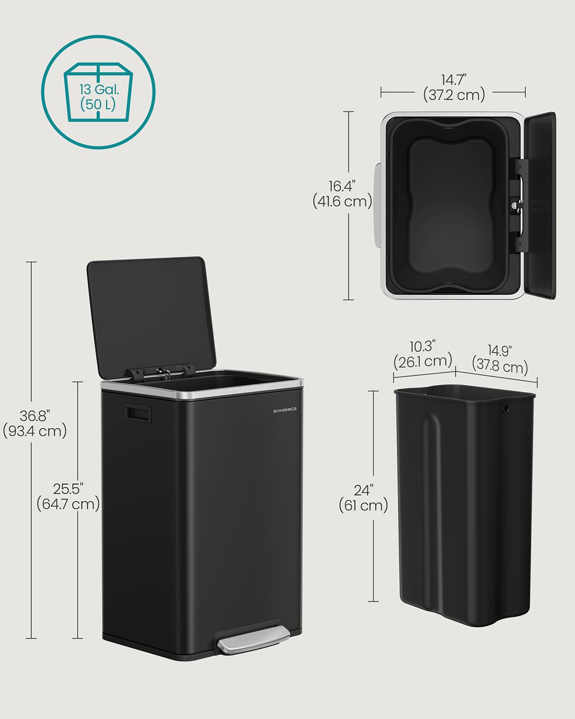 Kitchen Bin – Stainless Steel – Ink Black – 50 L with Soft Close and Removable Inner Bucket