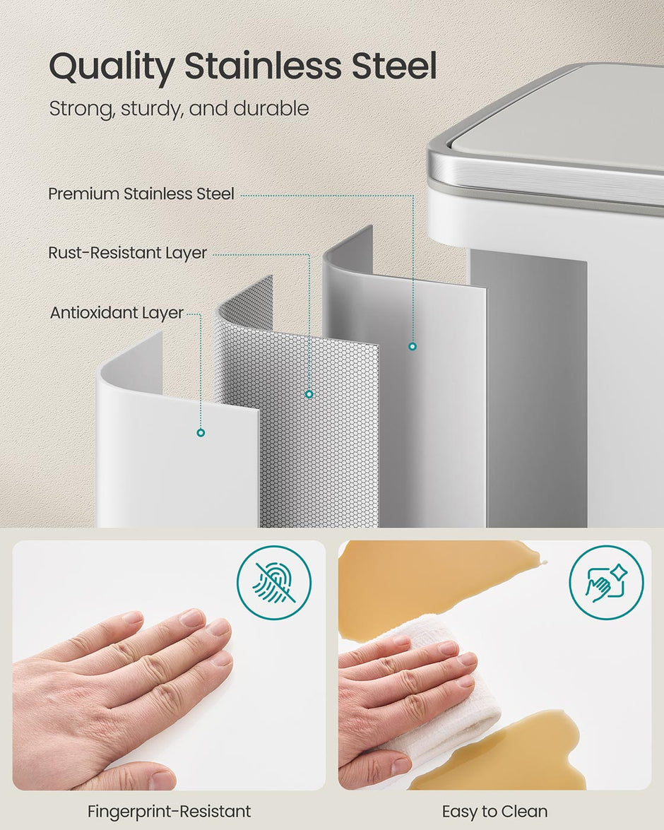 Kitchen Bin – Stainless Steel – Cloud White – 50 L Capacity with 15 Bin Bags