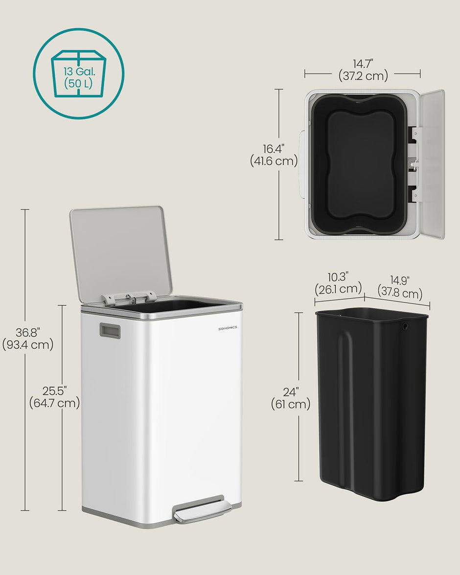 Kitchen Bin – Stainless Steel – Cloud White – 50 L Capacity with 15 Bin Bags
