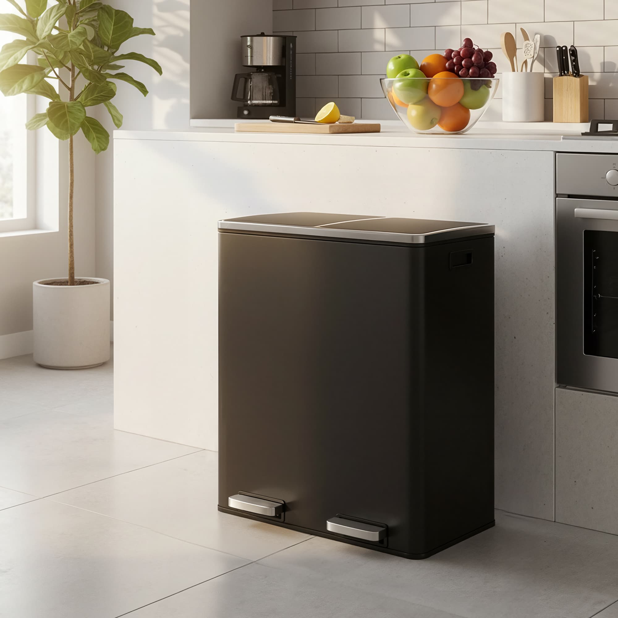60L Dual-Section Pedal Rubbish Bin – Plastic – Black – Soft-Close Mechanism