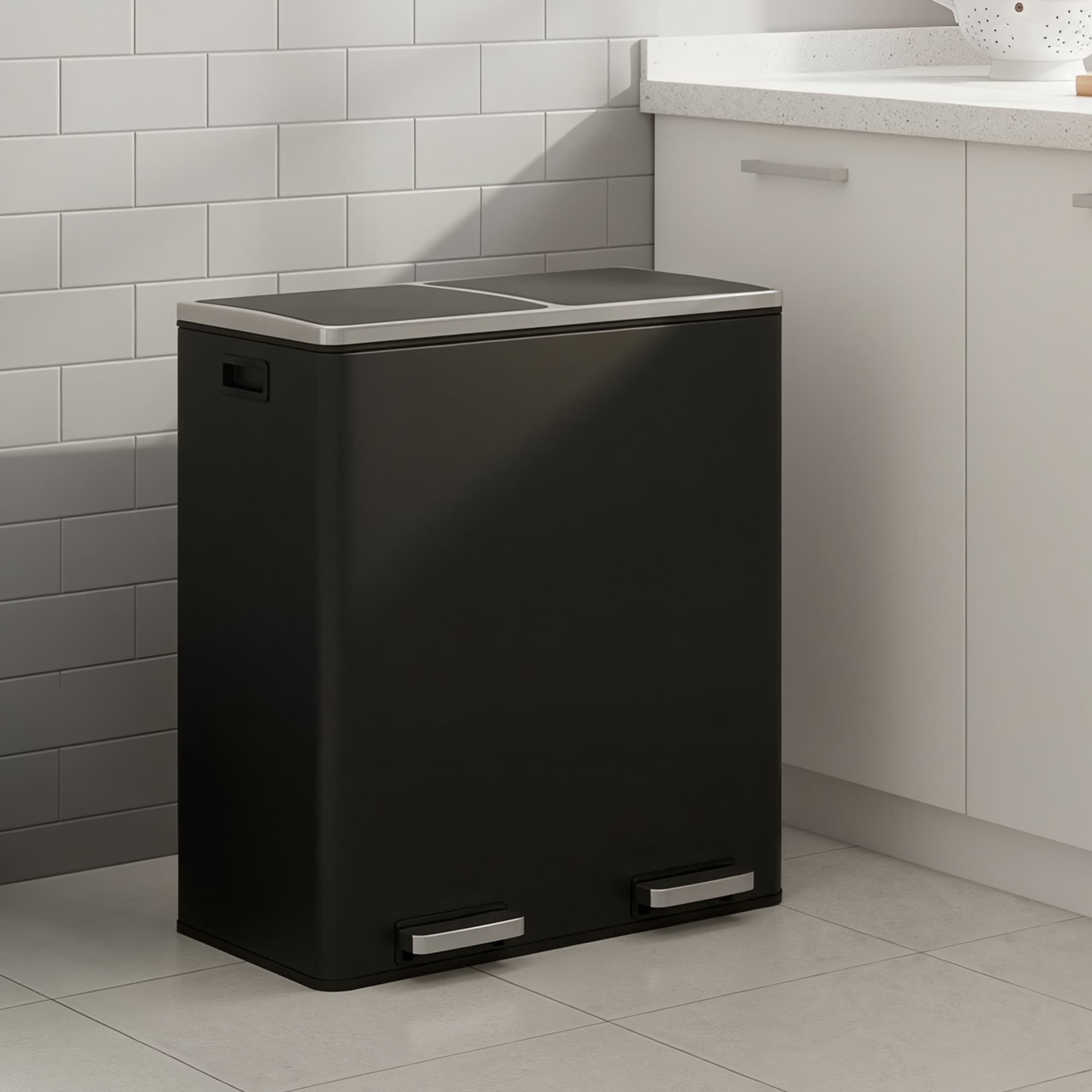 60L Dual-Section Pedal Rubbish Bin – Plastic – Black – Soft-Close Mechanism