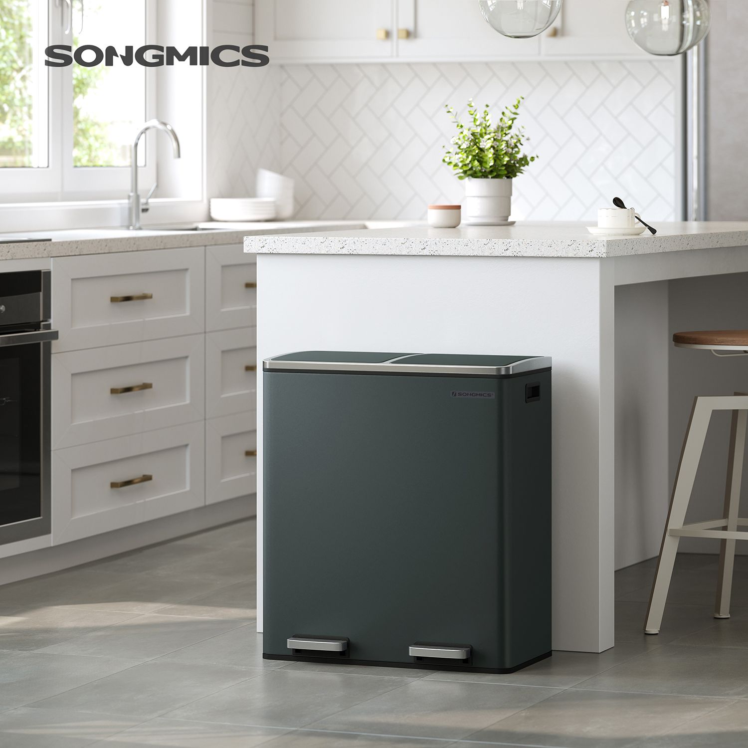Double 30L Trash Can – Stainless Steel – Fingerprint Proof – Dual Compartment with Carry Handles