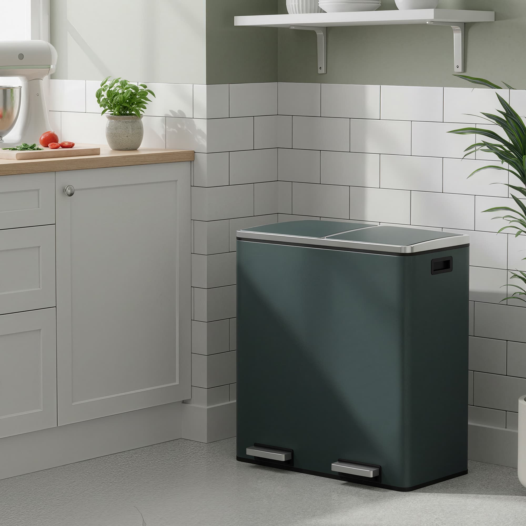 Dual Compartment Pedal Bin – Plastic – Grey – Soft-Close Lids, Removable Inner Buckets