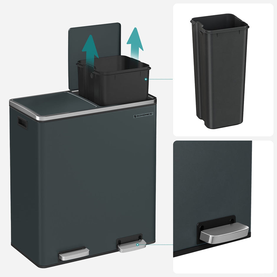 Double 30L Trash Can – Stainless Steel – Fingerprint Proof – Dual Compartment with Carry Handles