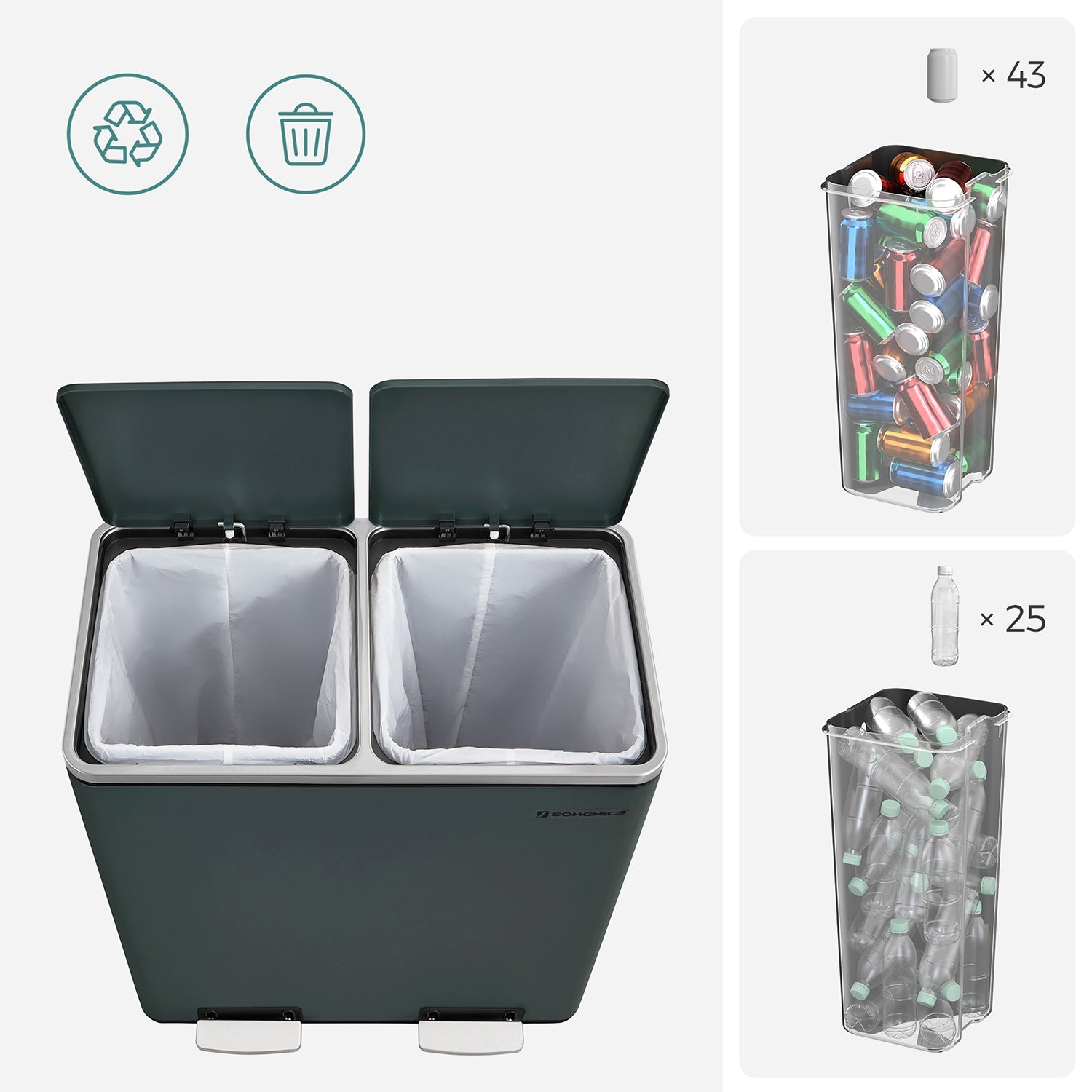 Double 30L Trash Can – Stainless Steel – Fingerprint Proof – Dual Compartment with Carry Handles