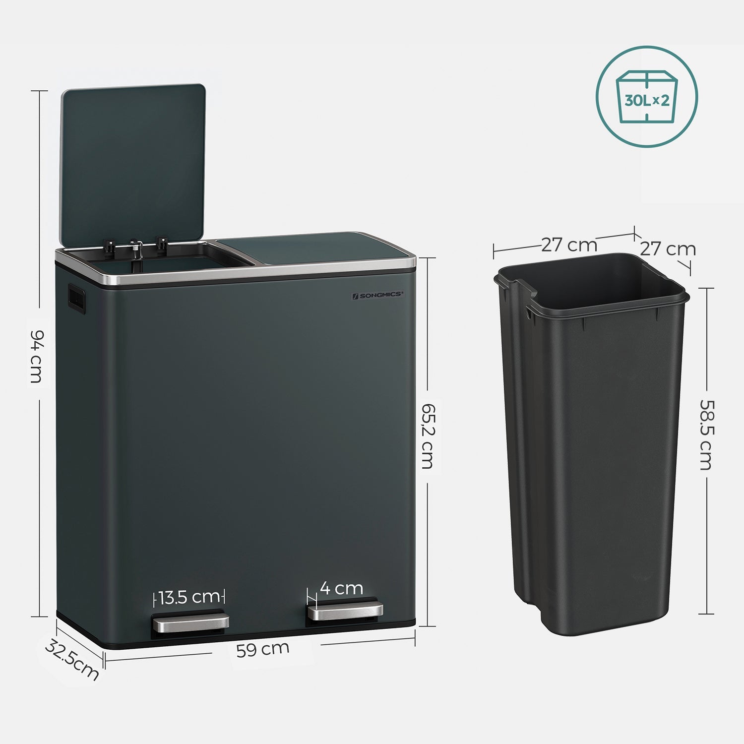 Double 30L Trash Can – Stainless Steel – Fingerprint Proof – Dual Compartment with Carry Handles