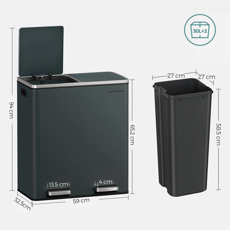 Double 30L Trash Can – Stainless Steel – Fingerprint Proof – Dual Compartment with Carry Handles