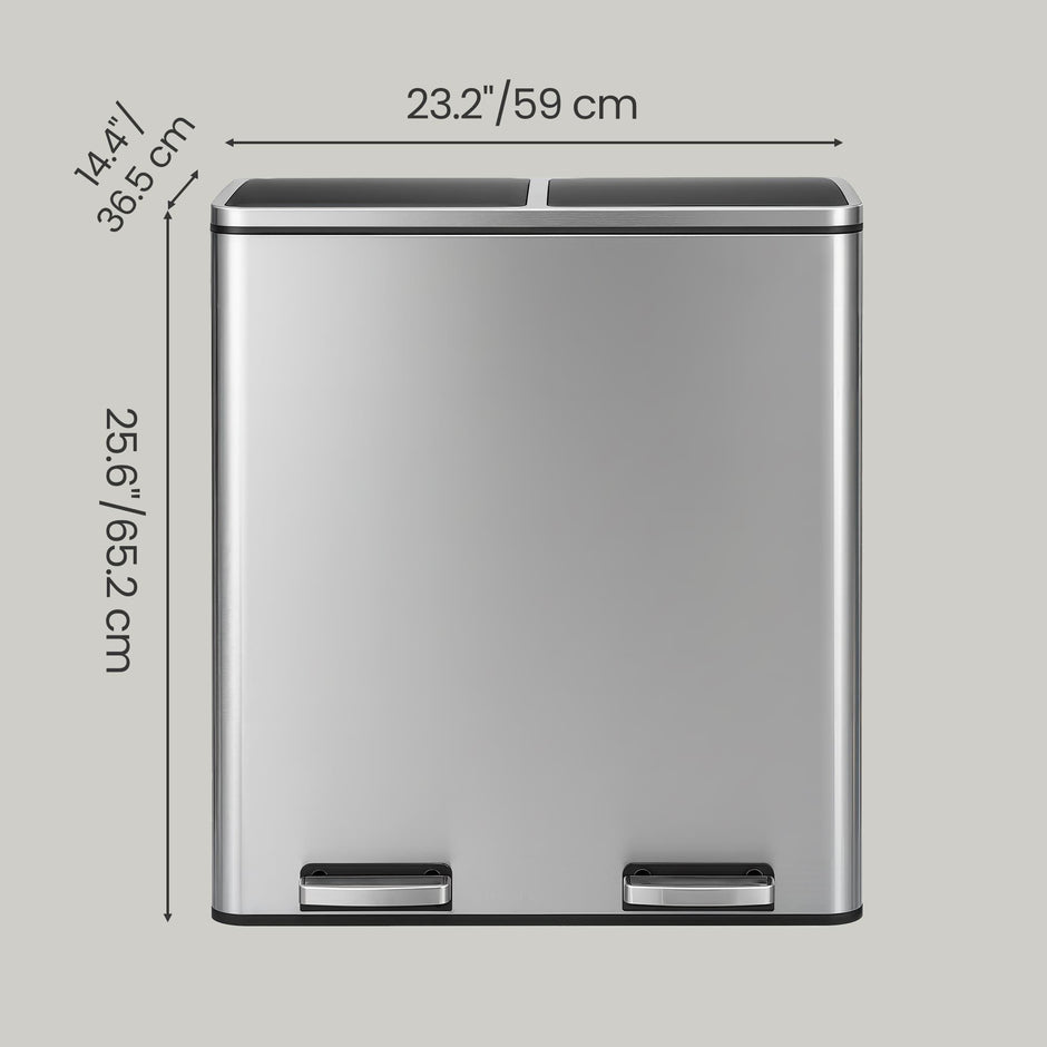 Pedal Rubbish Bin – Stainless Steel – Silver – Dual Compartment with Soft-Close and Plastic Inner Buckets