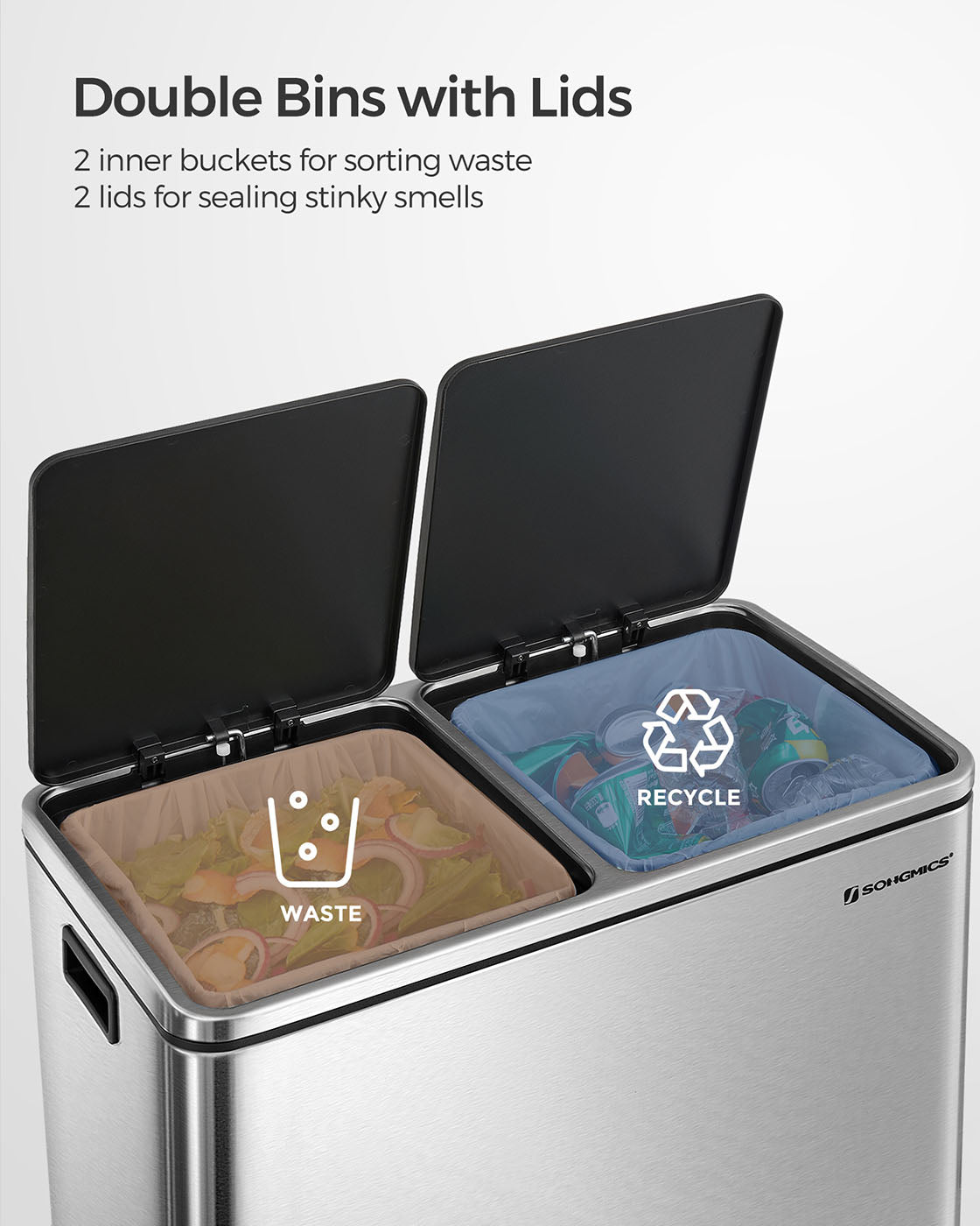 Double Rubbish Bin – Stainless Steel – Fingerprint Proof – Dual Compartment 2 x 30L